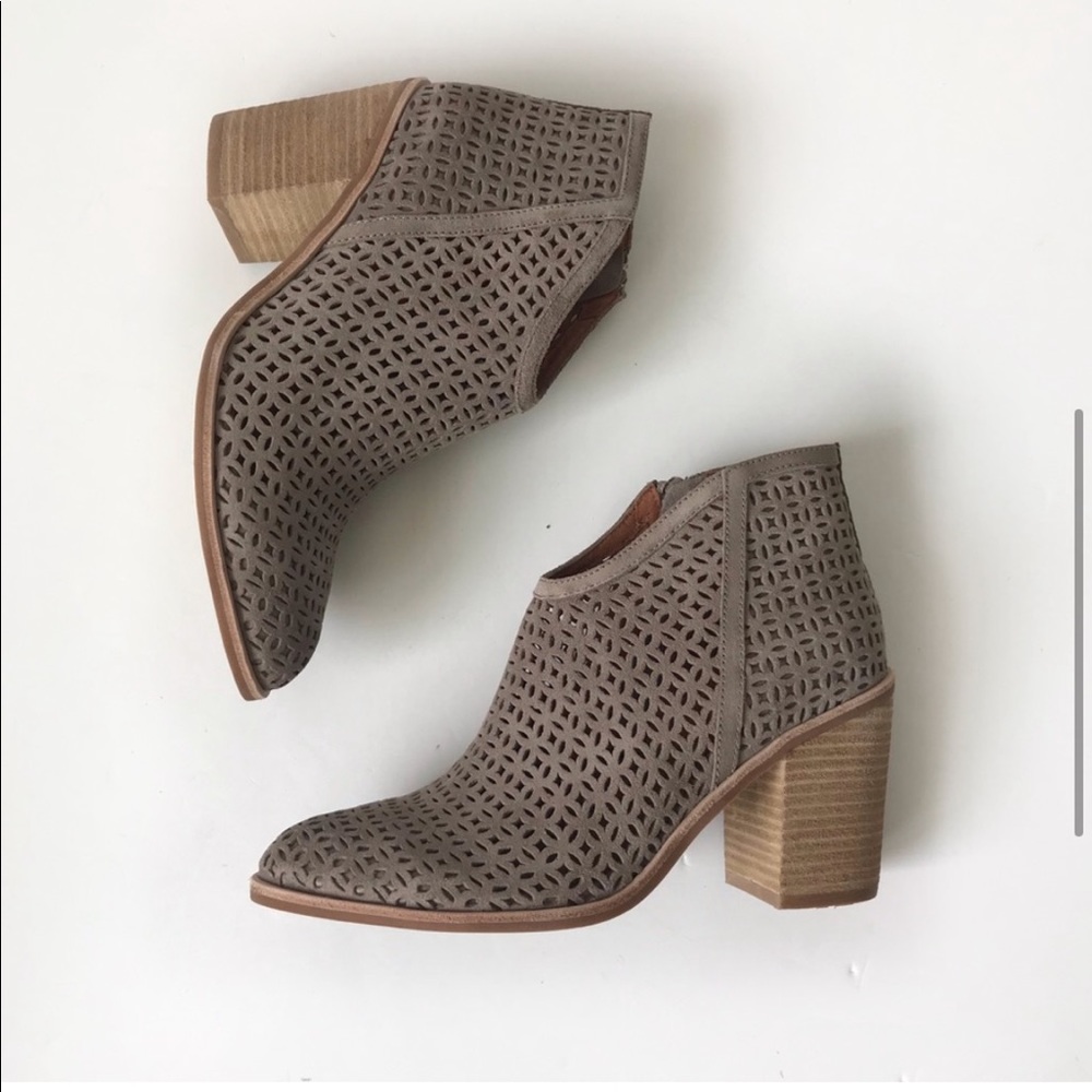 Jeffrey Campbell cutout ankle bootie taupe suede
